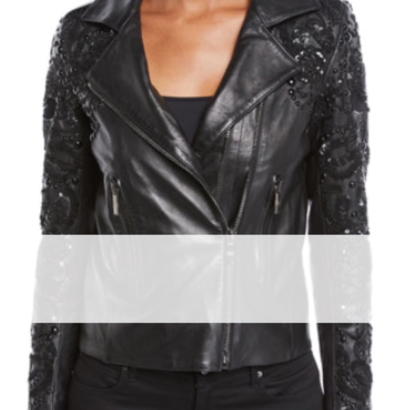 Nour Hammour Sophia Zip-Front Leather Jacket w/ Studded Embroidered Sleeves - Picture 7 of 14